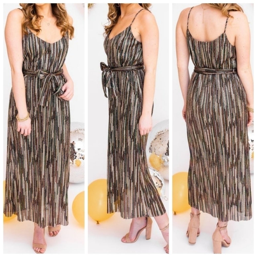 Lush multicolored sequin strappy midi dress w/ belted waist
